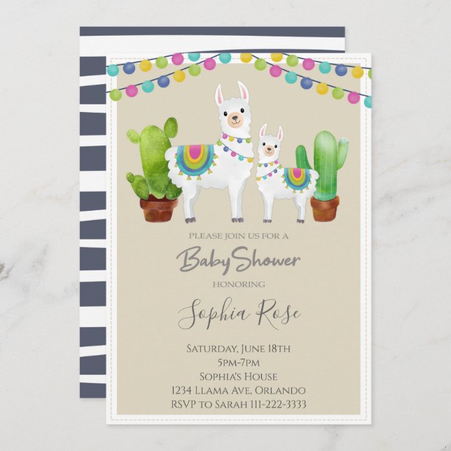 Invitación Llama con Cactus Baby Shower Invite (Anverso / Reverso)