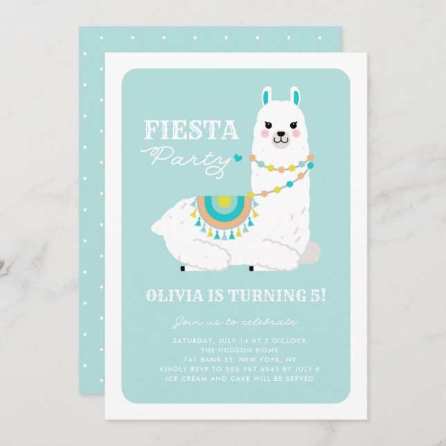 Invitación Llama cuta con Pom Poms Blue Fiesta Kids Cumpleaño (Anverso / Reverso)