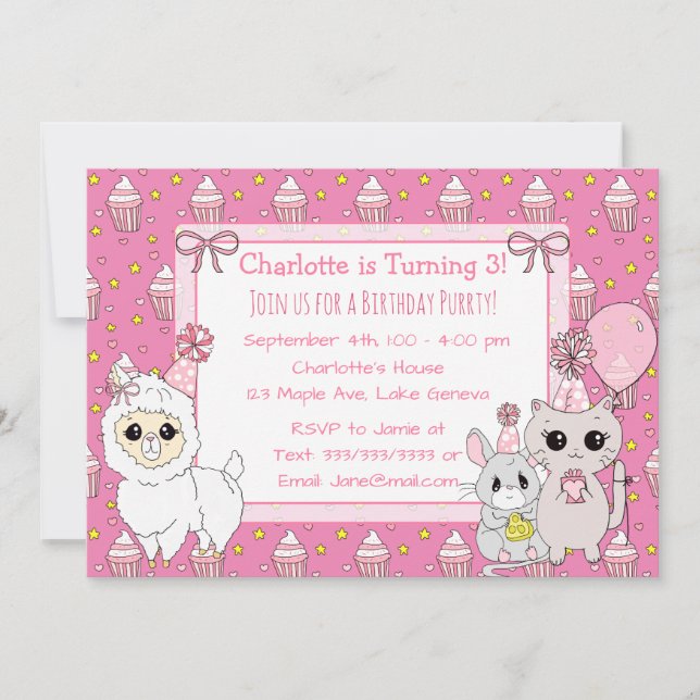 Invitación Llama Cute, cumpleaños del Chica rosado de gatito  (Anverso)