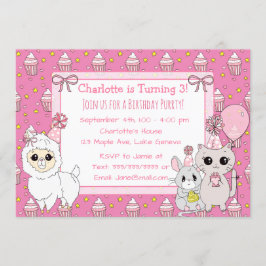 Invitación Llama Cute, cumpleaños del Chica rosado de gatito