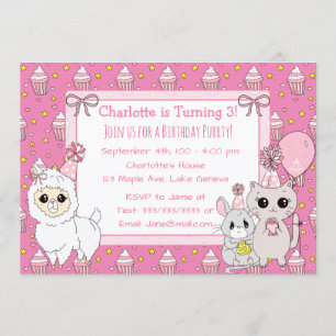 Invitación Llama Cute, cumpleaños del Chica rosado de gatito 