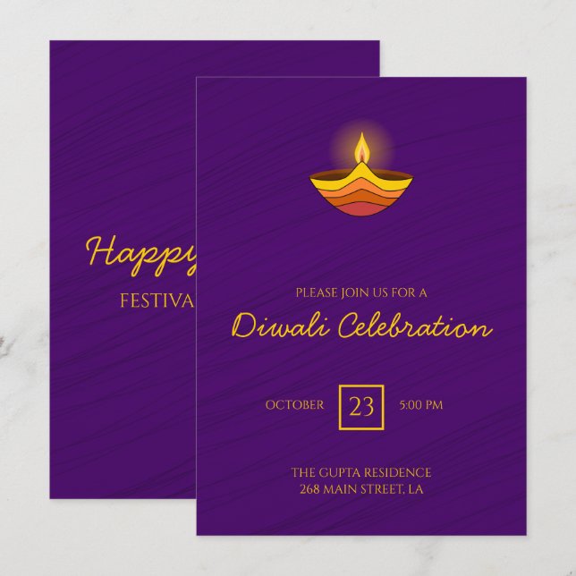 Invitación Llama de velas sobre fondo morado (Anverso / Reverso)