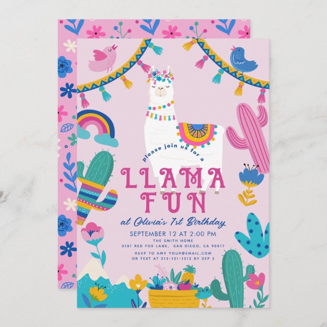 Invitación Llama Diversión Alpaca Chica Rosa Primer cumpleaño (Anverso / Reverso)