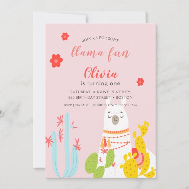 Invitación Llama Diversión Aniversario Rosa (Anverso)