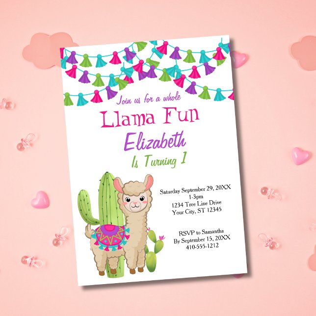 Invitación Llama Diversión Primero Cactus Púrpura Rosa Cumple (Llama 1st First Birthday Party invitation. Pink Purple Green Cactus, Cute Llama)