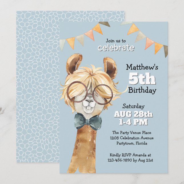 Invitación Llama divertida en la fiesta de cumpleaños de Glas (Anverso / Reverso)