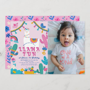 Invitación Llama Divertido Chica Alpaca Rosa 1er cumpleaños F