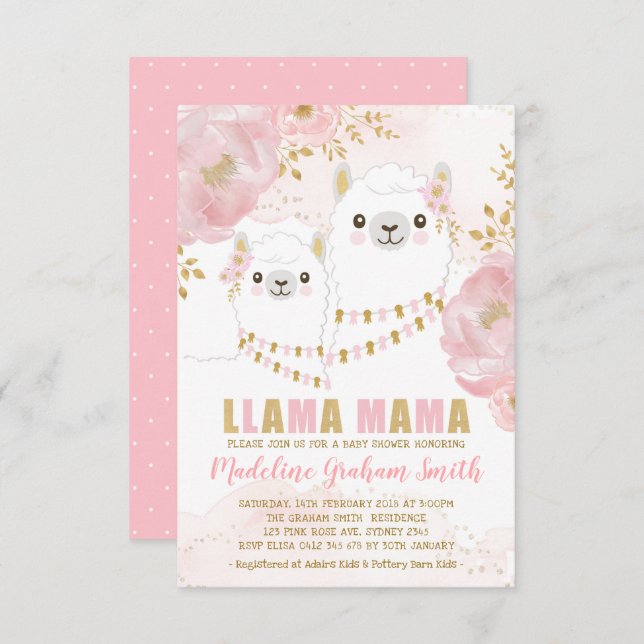 Invitación Llama dorada rosada Chica Baby Shower Rubor Floral (Anverso / Reverso)
