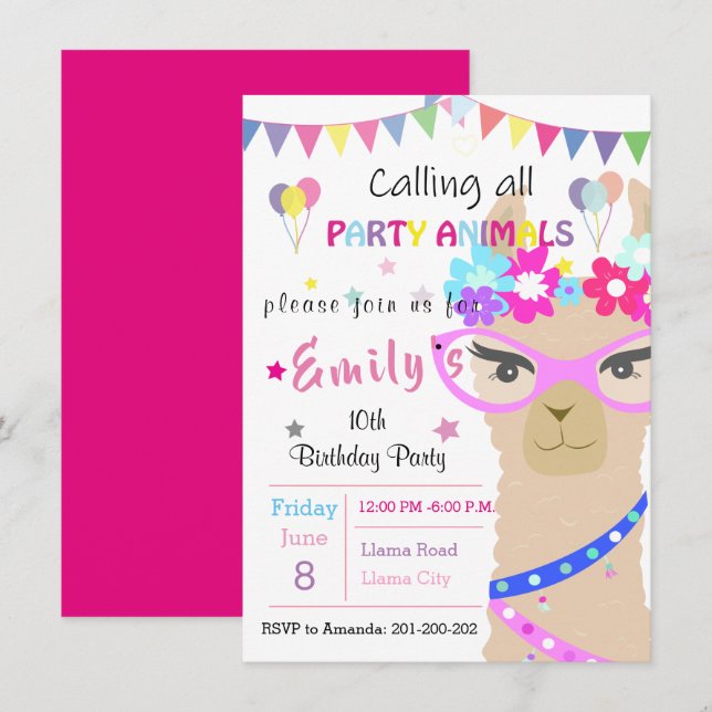 Invitación Llama drama de moda (Anverso / Reverso)