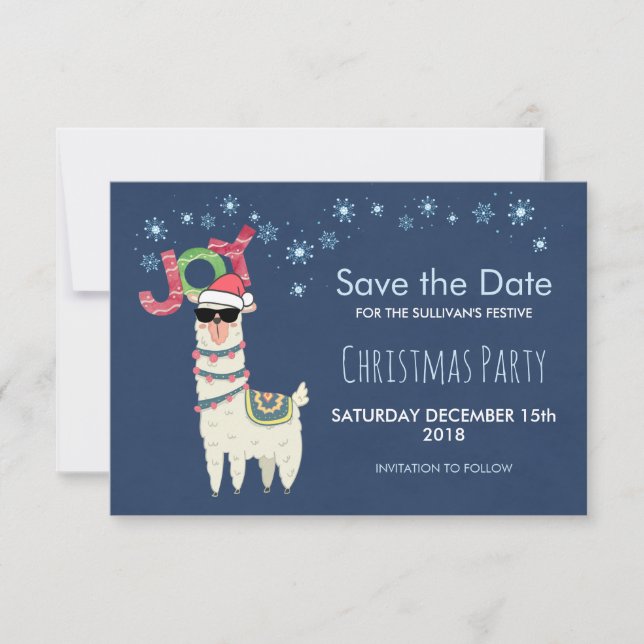 Invitación Llama en Santa Hat con Snowflake Salven la fecha (Anverso)