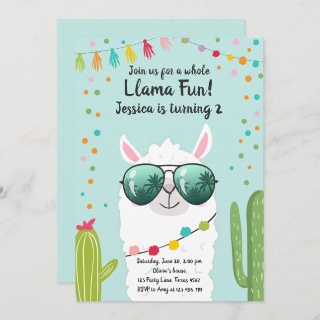 Invitación Llama Fiesta Cumpleaños Alpaca Fiesta Azul Chica (Anverso / Reverso)