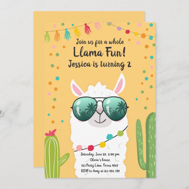 Invitación Llama Fiesta Cumpleaños Alpaca Fiesta Chica Amaril (Anverso / Reverso)