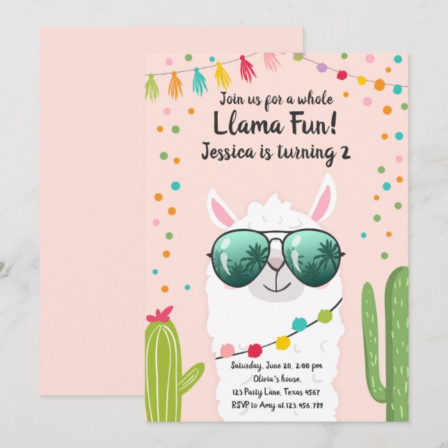 Invitación Llama Fiesta Cumpleaños Alpaca Fiesta Chica Rosa (Anverso / Reverso)