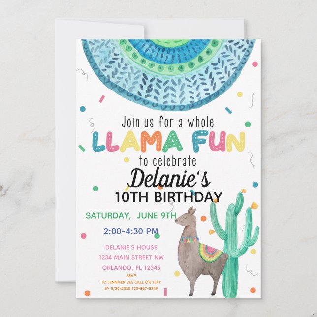 Invitación Llama Fiesta Cumpleaños Tema Mexicano (Anverso)