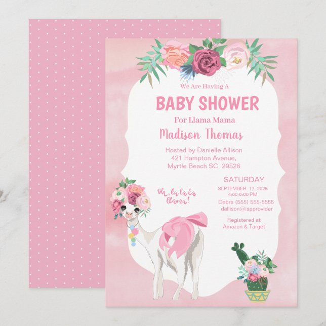 Invitación Llama floral rosa a Mama Alpaca Chica Baby Shower (Anverso / Reverso)