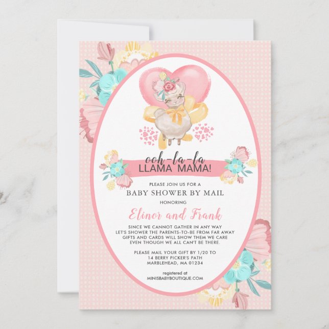 Invitación Llama Floral Rosa Baby Shower por correo (Anverso)