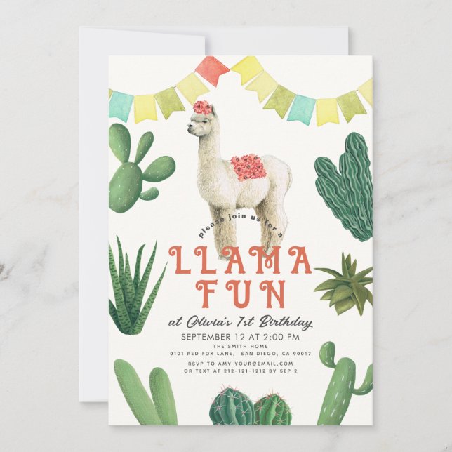 Invitación Llama Fun Alpaca Cactus 1er cumpleaños (Anverso)