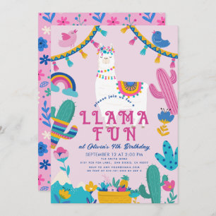 Invitación Llama Fun Alpaca Chica Pink Birday