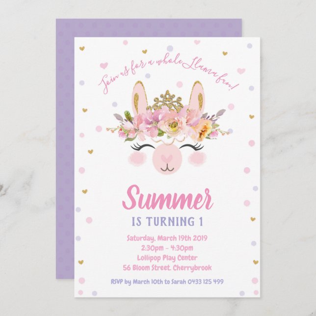 Invitación Llama Fun Chica Primer Cumpleaños Partido Alpaca (Anverso / Reverso)