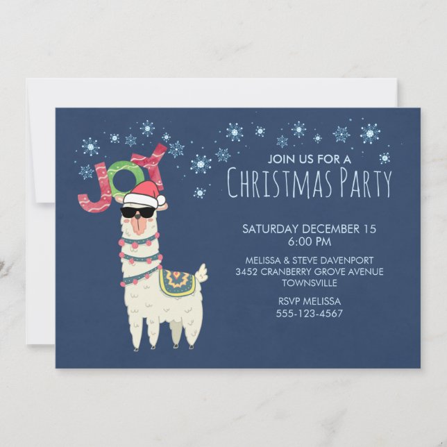 Invitación Llama Guay en Santa Hat con Fiesta de copas de nie (Anverso)