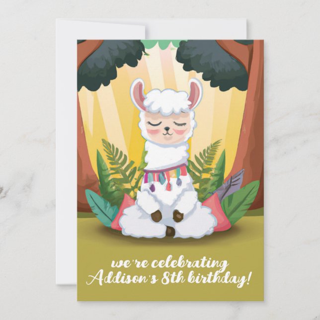 Invitación Llama linda meditando en cumpleaños mágico de bosq (Anverso)