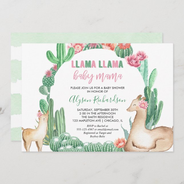 Invitación Llama Llama baby mama chica baby ducha (Anverso / Reverso)