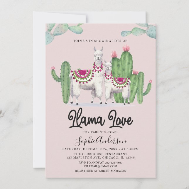 Invitación  Llama Love Fiesta Cactus Baby Shower mexicano (Anverso)