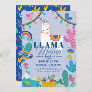 Invitación Llama Mama Alpaca Cactus Blue Boy Baby Shower