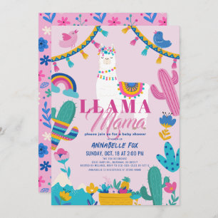 Invitación Llama Mama Alpaca Cactus Chica Baby Shower rosa