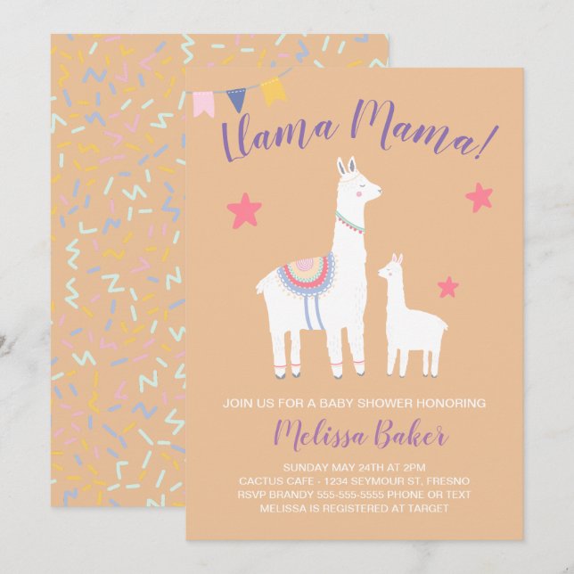Invitación Llama Mama Baby Llama Peach Purple Baby Shower (Anverso / Reverso)