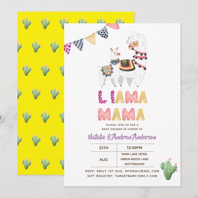 Invitación Llama Mama Baby Shower Fiesta Cacti Cute Chicas (Anverso / Reverso)