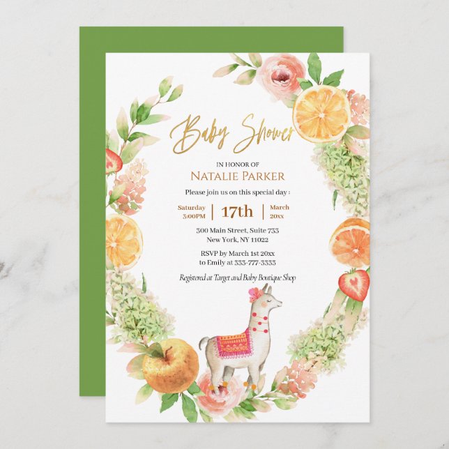 Invitación Llama Mama Citrus Floral Greeneration Baby Shower (Anverso / Reverso)