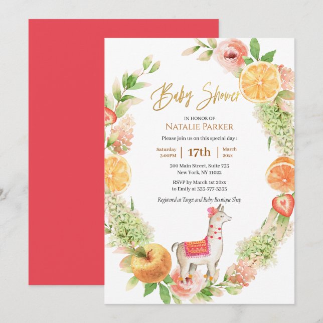 Invitación Llama Mama Citrus Floral Greeneration Baby Shower (Anverso / Reverso)