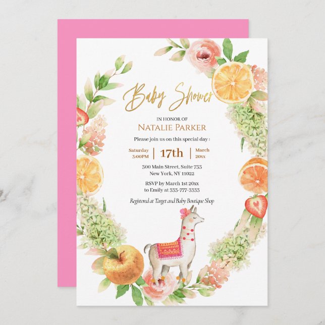 Invitación Llama Mama Citrus Floral Greeneration Baby Shower (Anverso / Reverso)