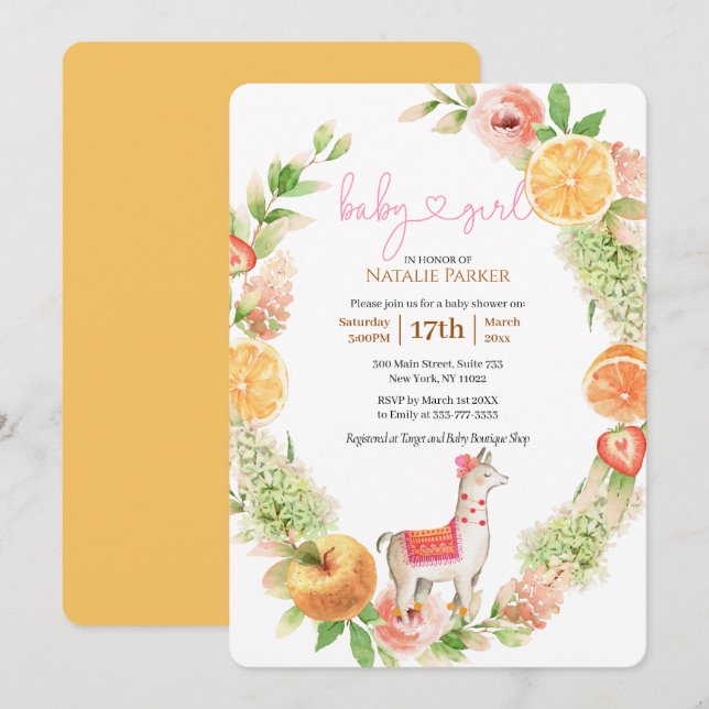 Invitación Llama Mama Citrus Floral Greeneration Baby Shower (Anverso / Reverso)
