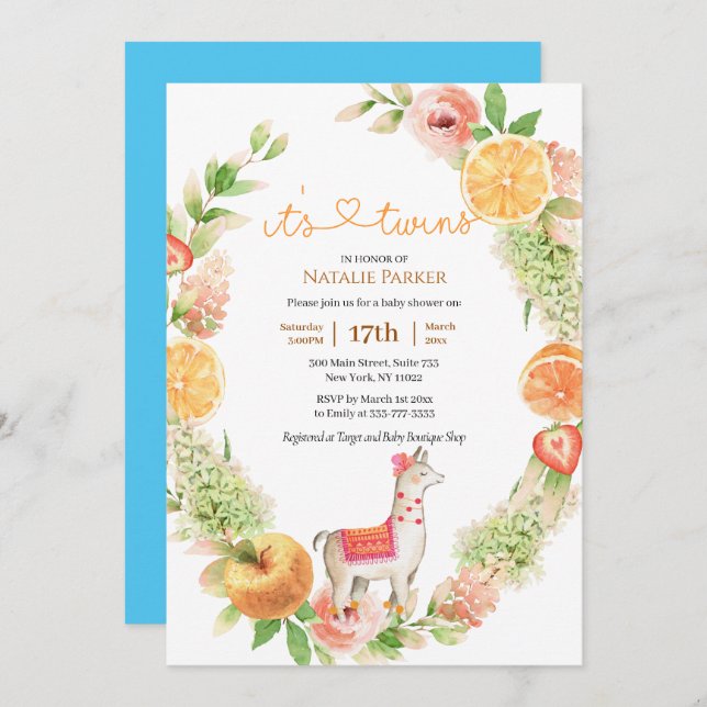 Invitación Llama Mama Citrus Greenery Twin Boys Baby Shower (Anverso / Reverso)