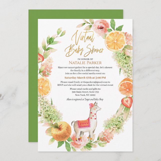 Invitación Llama Mama Floral Greenery Virtual Baby Shower (Anverso / Reverso)