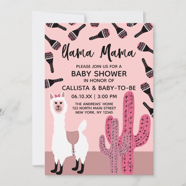 Invitación Llama Mama Pink Cute Cactus Maraca Baby Shower (Anverso)
