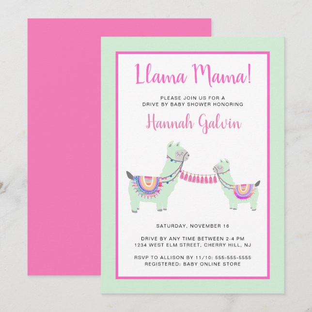 Invitación Llama Mama Pink Green Festive Drive De Baby Shower (Anverso / Reverso)