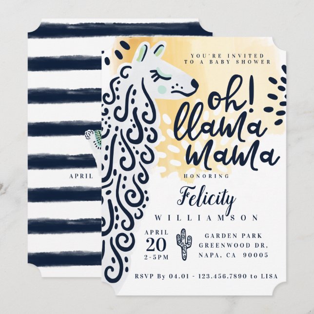 Invitación Llama Mama y Stripes - Baby Shower Neutral de géne (Anverso / Reverso)