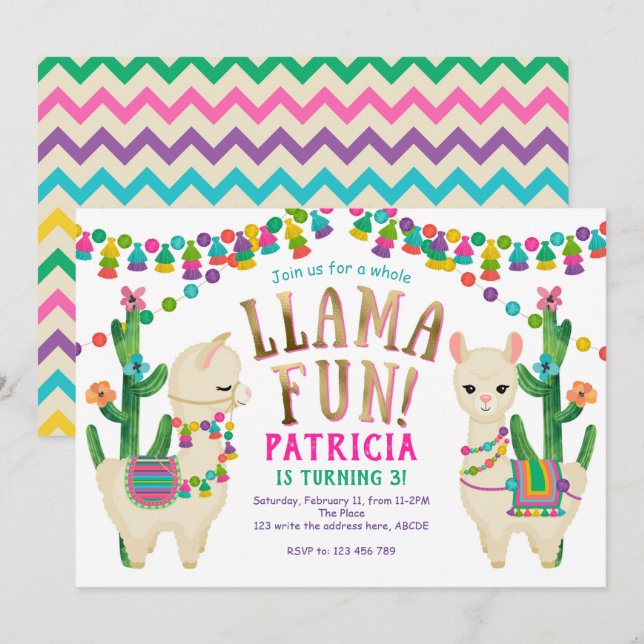 Invitación Llama, mexicana, FIesta, cuta, cumpleaños (Anverso / Reverso)