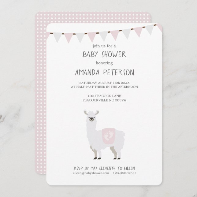 Invitación Llama neutral Baby Shower del género rosado y (Anverso / Reverso)