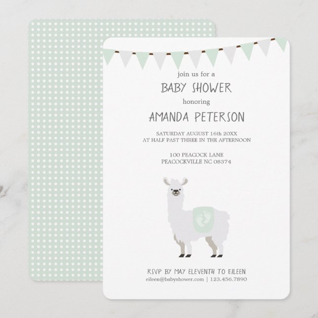Invitación Llama neutral Baby Shower del género verde y (Anverso / Reverso)