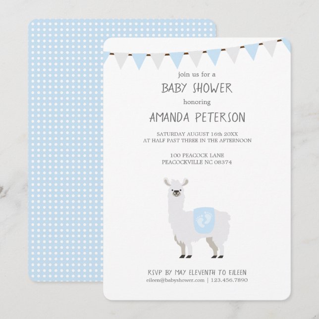 Invitación Llama neutral de género azul y blanco a Baby Showe (Anverso / Reverso)