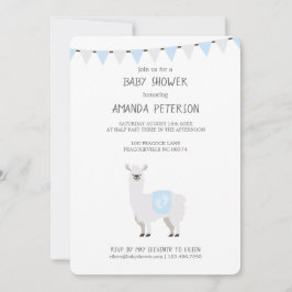 Invitación Llama neutral de género azul y blanco a Baby Showe