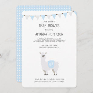 Invitación Llama neutral de género azul y blanco a Baby Showe
