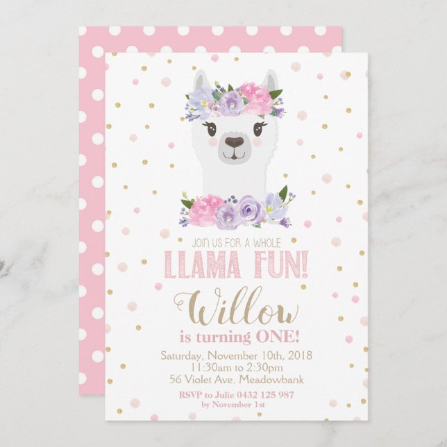 Invitación Llama primer cumpleaños Chica morado rosado floral (Anverso / Reverso)