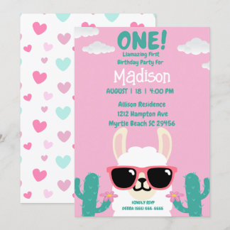 Invitación Llama primer Fiesta verde rosado de cumpleaños
