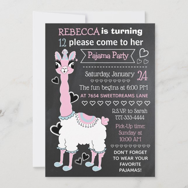 Invitación Llama rosa blanco negro de pizarra 12ª resaca (Anverso)