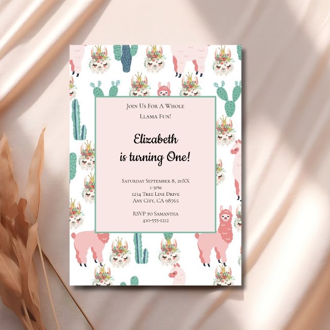 Invitación Llama Rosa y Cactus Verde Cumpleaños Divertido de  (Pink Green Llama cactus Girls 1st 2nd birthday party invitation)
